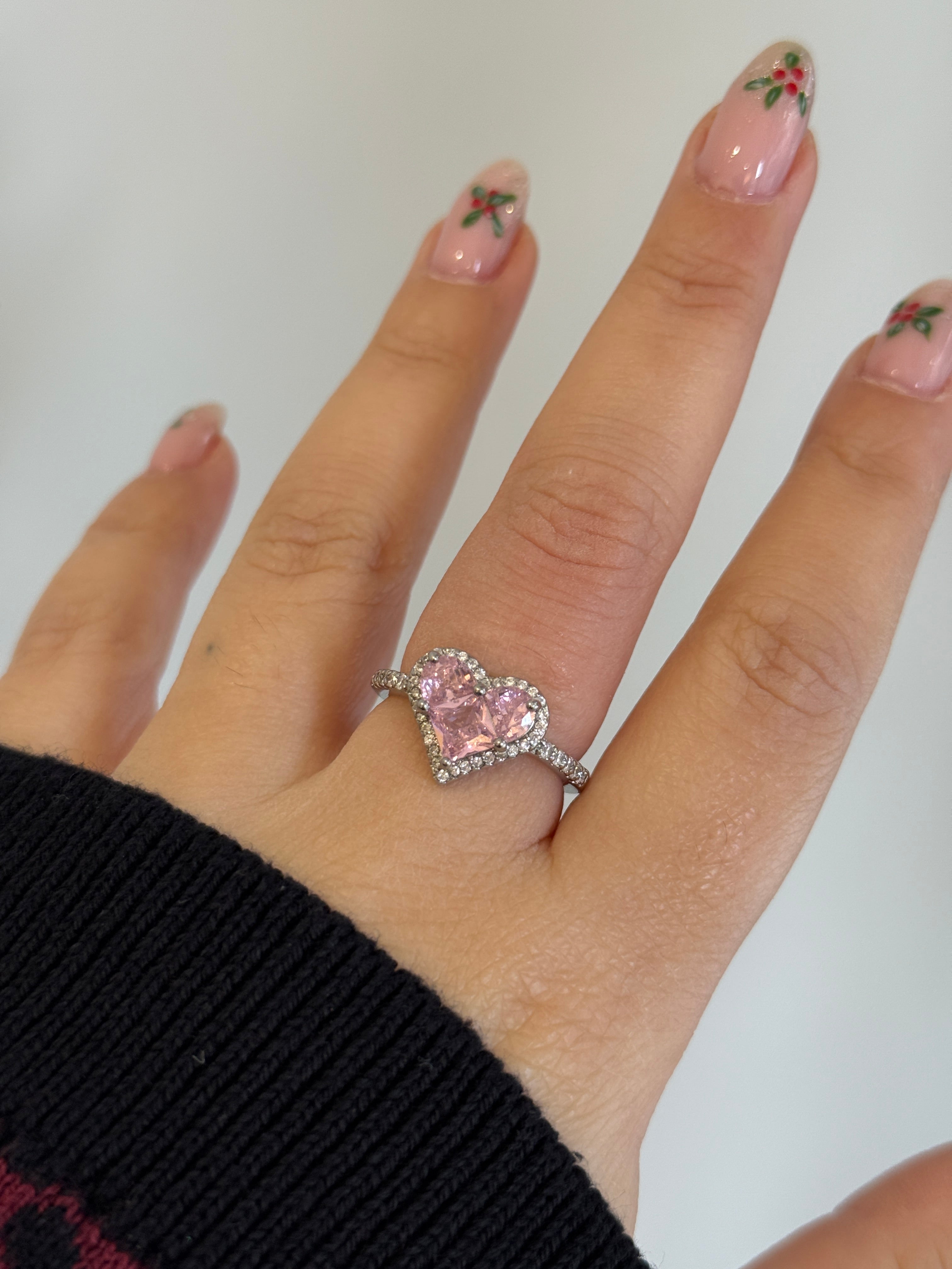 Silver Pembe Taşlı Ayarlanabilir Büyük Kalp Yüzük