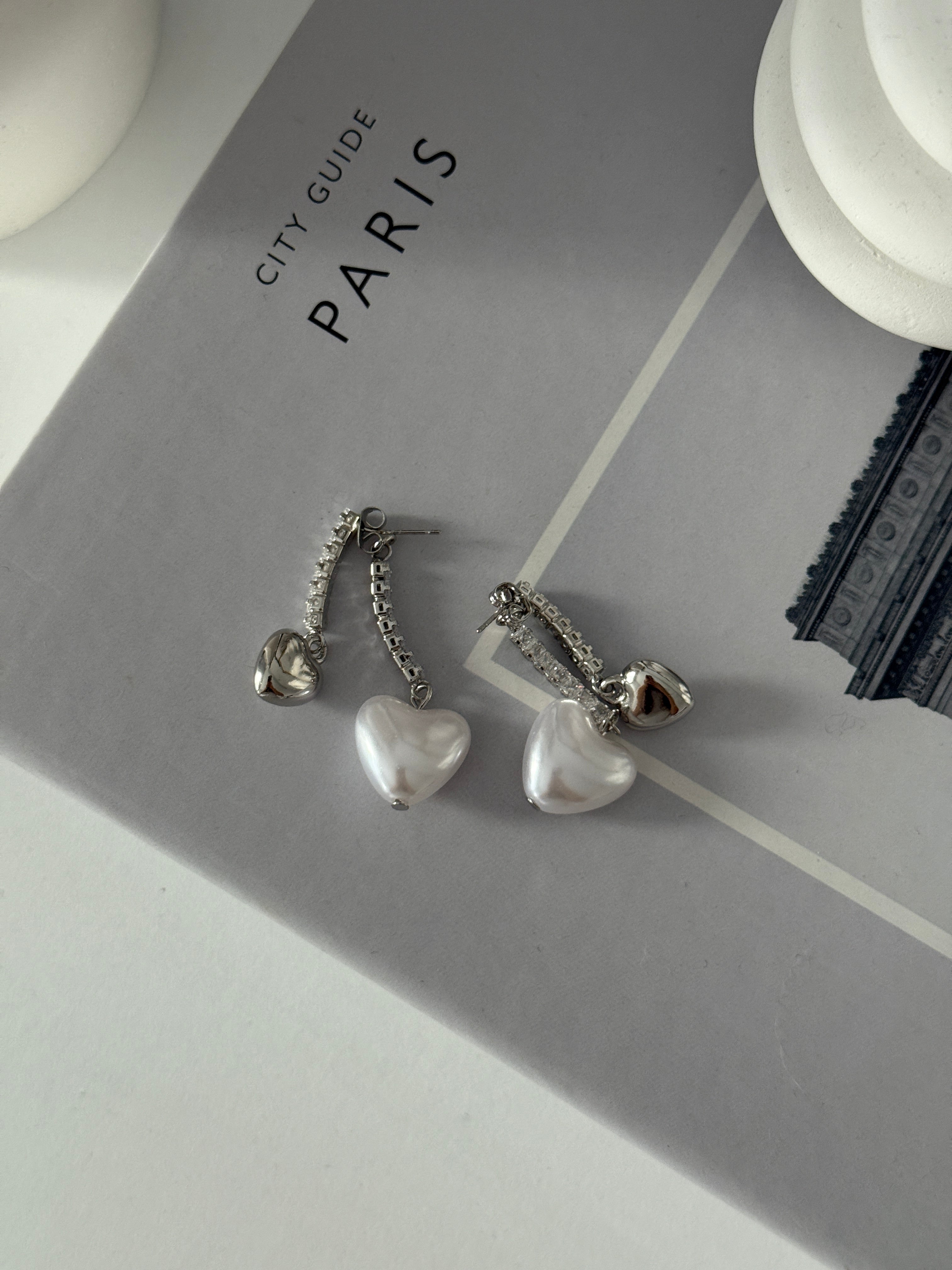 Taşlı İnci Kalp Silver Küpe