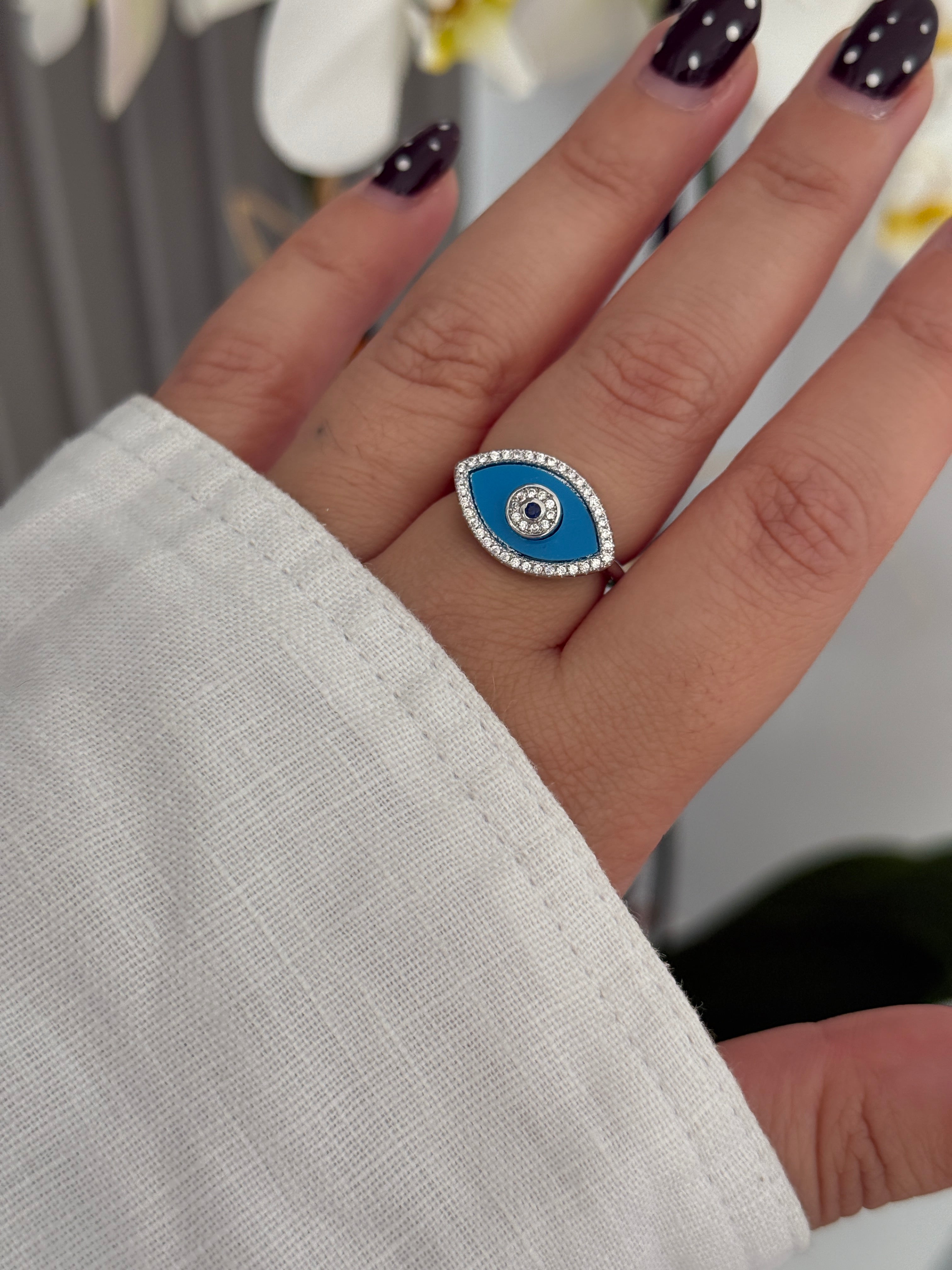 Mavi Hamsa Taşlı Ayarlanabilir Yüzük