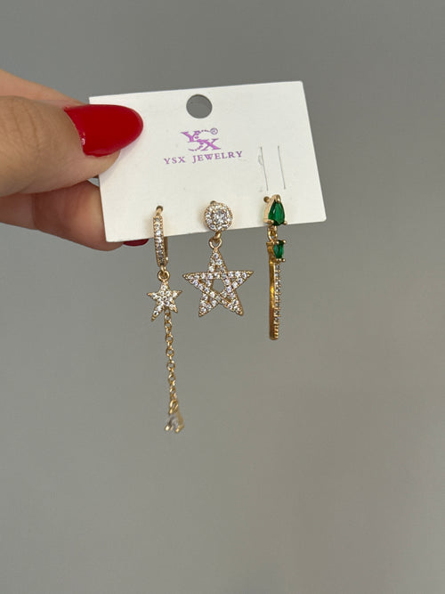 3lü Sallantılı Yıldız Set Küpe